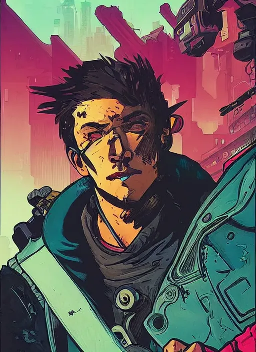 Prompt: hector. cyberpunk mercenary with scenic background. portrait illustration, pop art, art by ashley wood, alphonse mucha, laurie greasley and josan gonzalez. cinematic. beautiful lighting.