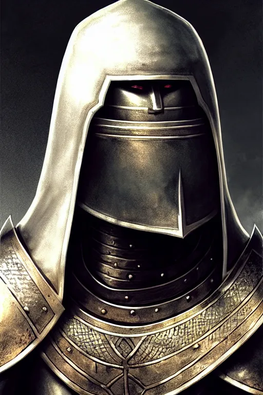 Image similar to man looking forward in iron decorated christian crusader plate armor, cylindrical crusader great helm covering all his head and white cape covering his back and elbows standing at the gates of jerusalem drawn by greg rutkowski realistic high detail