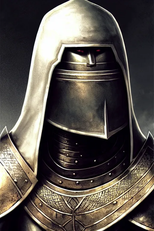 Prompt: man looking forward in iron decorated christian crusader plate armor, cylindrical crusader great helm covering all his head and white cape covering his back and elbows standing at the gates of jerusalem drawn by greg rutkowski realistic high detail