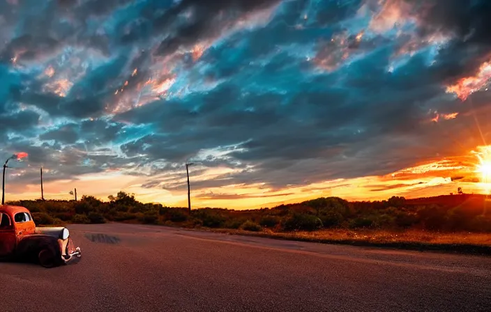 Image similar to A beautiful colorful evening scene of route66, old road with abandoned gas station and rusty old pickup truck, hyper realistic, blinding backlight evening sun, sparkling sun rays, epic scene, intense setting, evening vibe