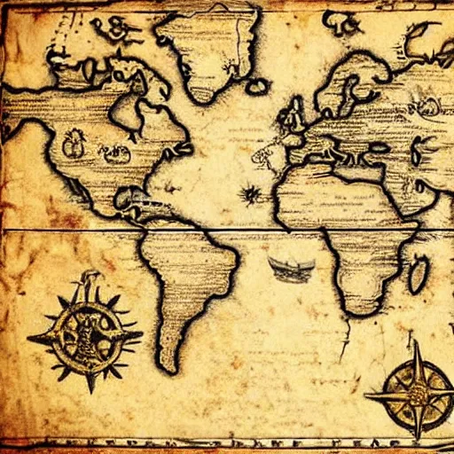 Prompt: ancient pirate treasure map printed on parchment