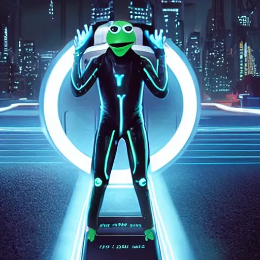 Image similar to a still from Tron:Legacy with kermit the frog in a disc battle