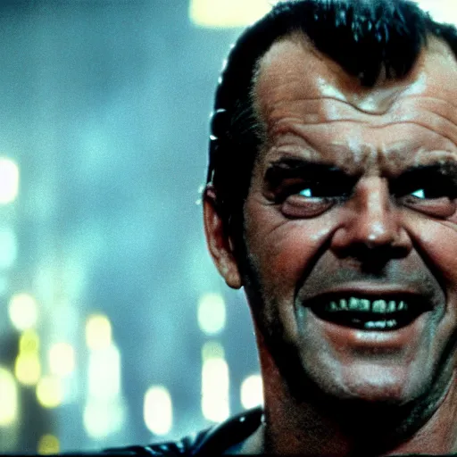 Image similar to 30 year old Jack Nicholson as Rick Deckard on blade runner 1982, movie still, in color, movie frame, light smile, detailed face, symmetrical face, 4k