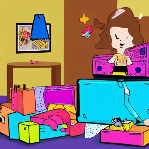 Image similar to a painted cartoonish scene, an open suitcase sits on a table, the open suitcase contains a vast pile of toys, the pile of toys rises all the way to the ceiling, the pile of toys blocks the background, a woman stands next to the table and suitcase, the woman holds more toys