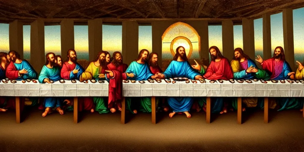 Prompt: the last supper as a rave, jesus is a dj in font of turntables, the apostles are ravers, cinematic lighting, dslr