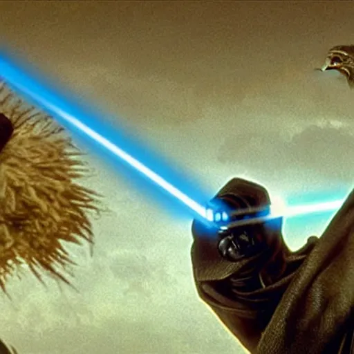 Prompt: anakin skywalker kills big bird with a lightsaber, dramatic, cinematic, hyperrealistic, epic