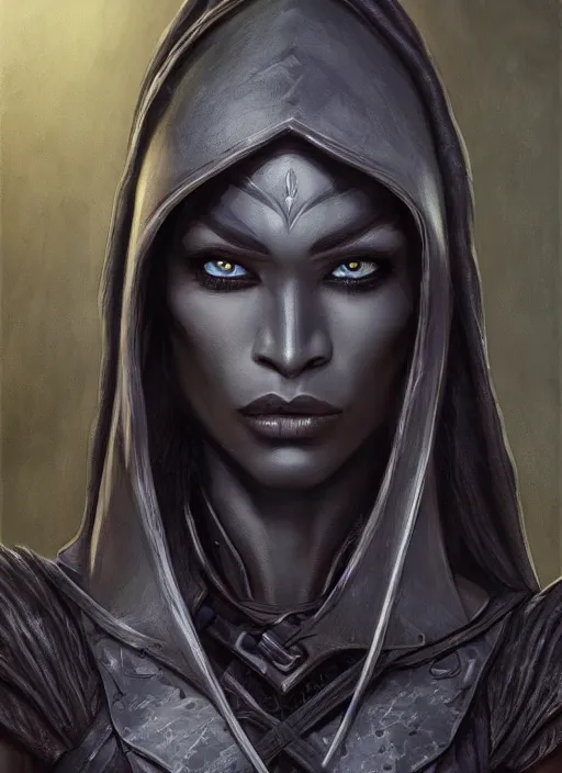 Prompt: a face portrait, female drow elf, dark grey skin, serious face, with hand crossbow, wearing a witch hat, hunter, slick leather armor, style by donato giancola, wayne reynolds, jeff easley dramatic light, high detail, cinematic lighting, artstation, dungeons and dragons