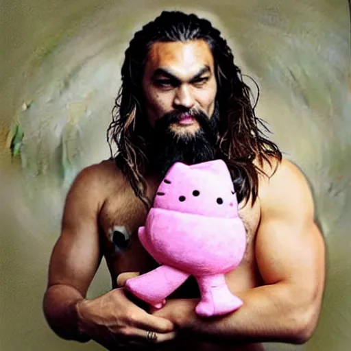 Image similar to Jason Momoa holding a Hello Kitty plushie, lowbrow painting by Mark Ryden