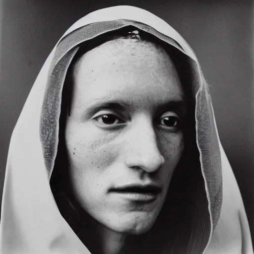 Image similar to The virgin Mary. Close-up studio portrait by Robert Mapplethorpe. Tri-x.