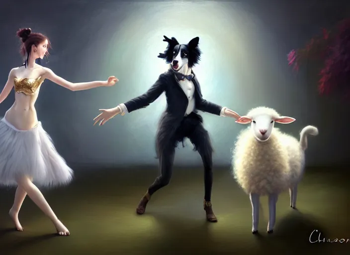 Image similar to wide shot painting of a male anthropomorphic border collie fursona dancing with a cute female anthropomorphic sheep fursona in a ballroom, beautiful, intricate, elegant, realistic proportions, highly detailed, scenic background, trending on artstation, art by charlie bowater and henry asencio and and ross tran