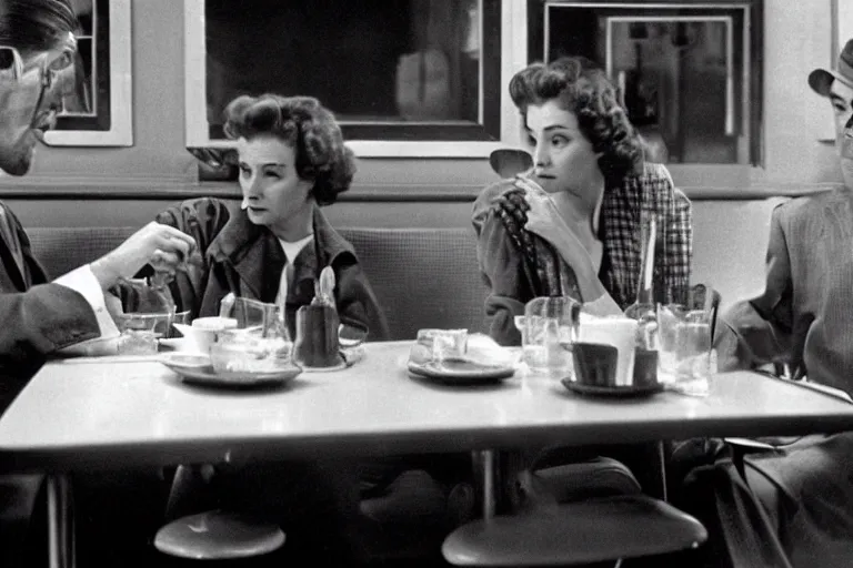 Image similar to beautiful couple arguing in a New York diner 1950s, by Roger Deakins