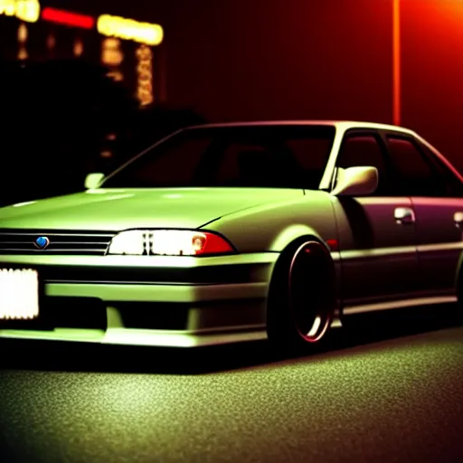 Image similar to a car JZX100 at illegal car meet, Shibuya prefecture, city midnight mist, cinematic color, photorealistic, highly detailed, 200MM