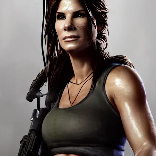 Image similar to hyperrealist portrait of sandra bullock as lara croft. fantasy art, photo realistic, dynamic lighting, artstation, poster, volumetric lighting, very detailed faces, 8 k, award winning