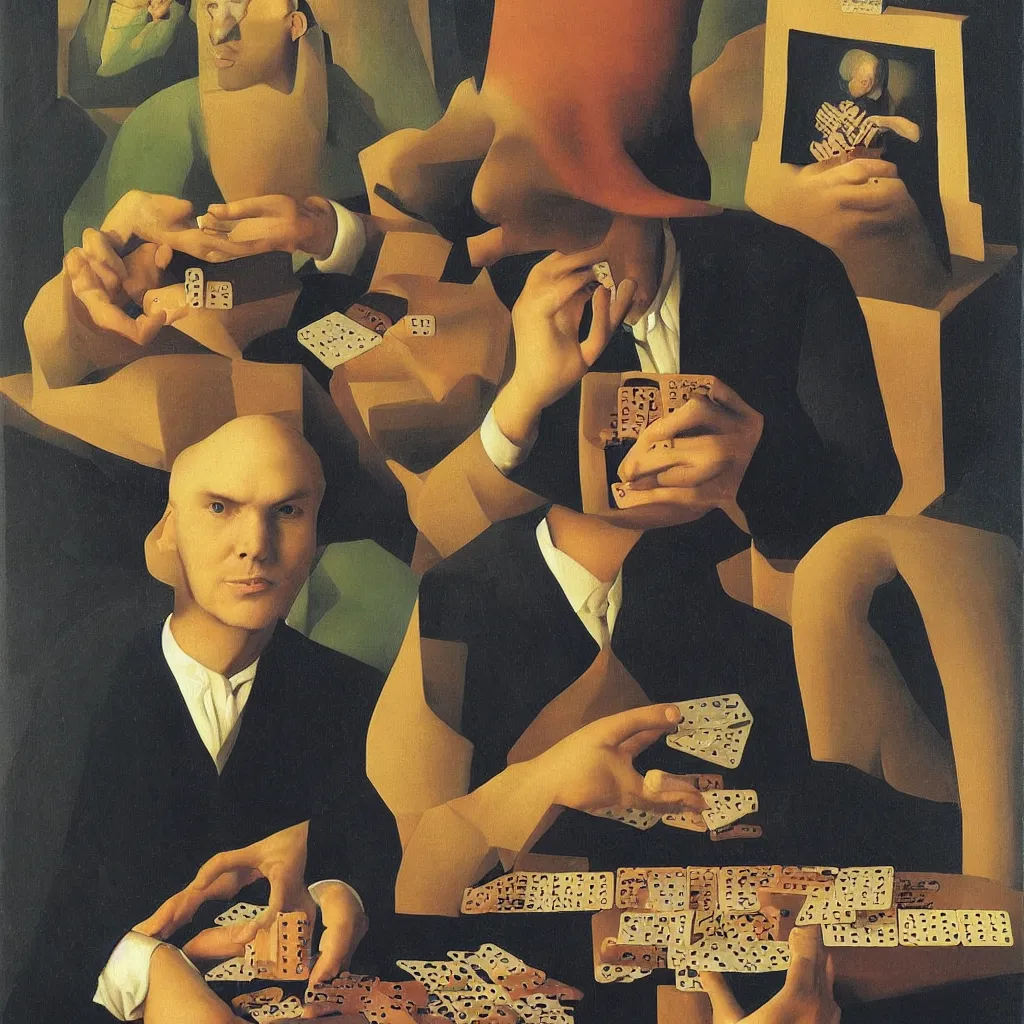 Image similar to Portrait of BILLY CORGAN PLAying DOMINOES. Painting by Jan van Eyck, Audubon, Rene Magritte, Agnes Pelton, Max Ernst, Walton Ford