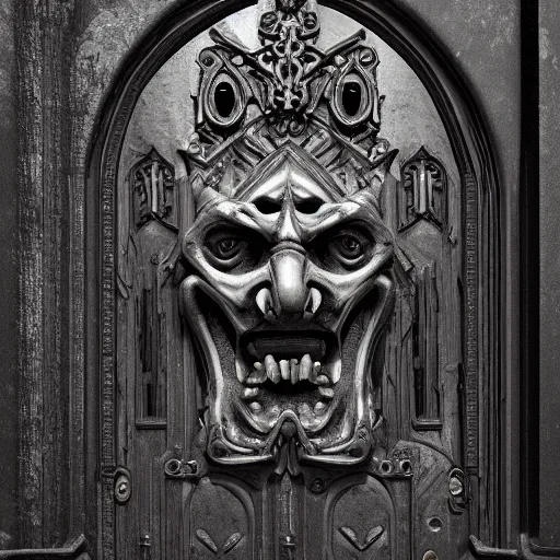 Image similar to port door with carved sinister face head. meduza gorgona. cast iron. gothic medieval baroque. symmetry. epic. ominous shapes. hyper detailed. photoreal. trending on artstation