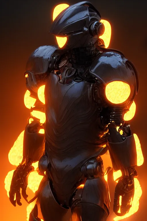 Prompt: Cybernetic Flame Armor, fantasy, photorealistic, glowing eyes, 4k, cinematic lighting, explosive