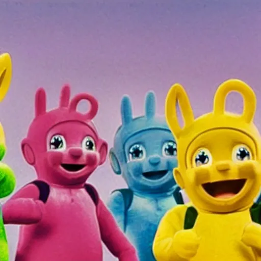 Image similar to teletubbies with machine guns cartoon,