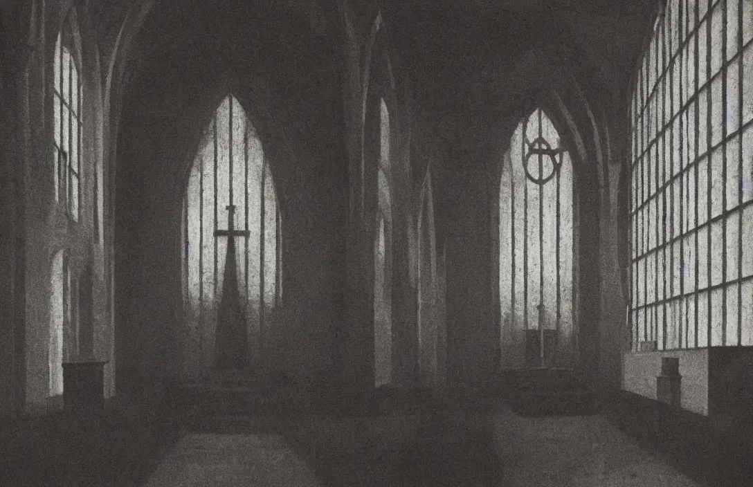 Image similar to in this church interior, vertical lines suggest spirituality, rising beyond human reach toward the heavens. work of art claymation intact flawless ambrotype from 4 k criterion collection remastered cinematography gory horror film, ominous lighting, evil theme wow photo realistic postprocessing sequestered corner of a garden within a castle walls painting by grant wood