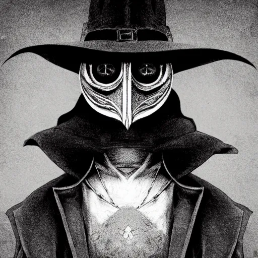 Image similar to a portrait of a plague doctor gunslinger, dark fantasy, horror, western, hell, ultrafine detailed digital pencil art by takeshi obata and mike mignola, death note style, colored by greg rutkowski, symmetric body, cgsociety, sharp focus, detailed face, looking at the camera