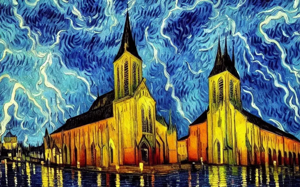 Image similar to atmospheric detailed expressionist oil painting of lightning storm over a tall gothic church, landscape painting, expressionism, blues, dramatic lighting, 8 k resolution detailed art, small brushstrokes, watercolor palette, painted by vincent van gogh