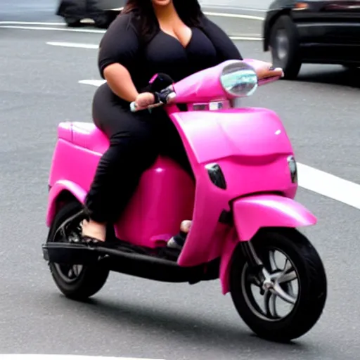 Image similar to a paparazzi photo of extremely obese Kim Kardashian riding a pink moped, her mouth is wide open, award winning