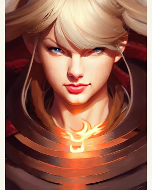 Image similar to azctec warrior, taylor swift, detailed perfect face, exquisite details, fire magic, mid view, design on a white background, by studio muti, greg rutkowski makoto shinkai takashi takeuchi studio ghibli