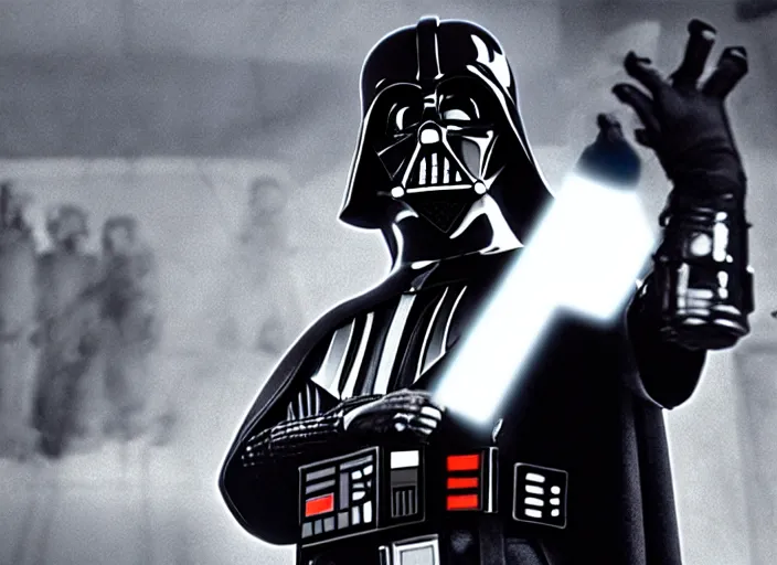 Image similar to film still of Darth Vader as Dante in Clerks movie 1994