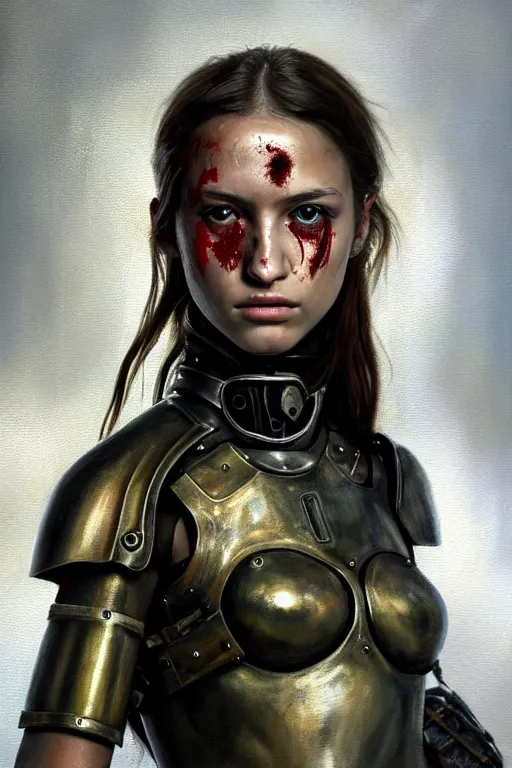 Image similar to a photorealistic painting of an attractive young girl, partially clothed in dirty metal-plated battle armor, a tiny spot of blood, olive skin, long dark hair, beautiful bone structure, symmetrical face, perfect eyes, intricate, elegant, digital painting, concept art, illustration, sharp focus, minimal artifacts, volumetric lighting, from Metal Gear, in the style of Ruan Jia and Mandy Jurgens and Greg Rutkowski, trending on Artstation, award winning