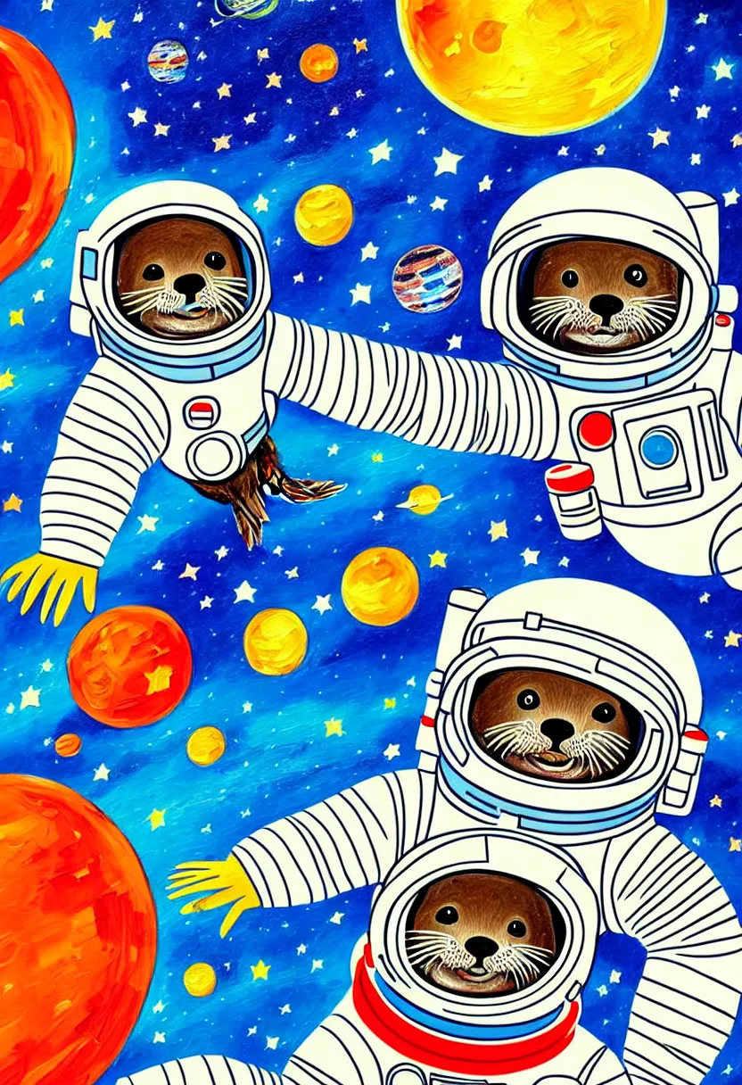 Image similar to children's storybook, detailed guache painting, semi-realistic portrait of an otter in an astronaut space suit floating in outer space.