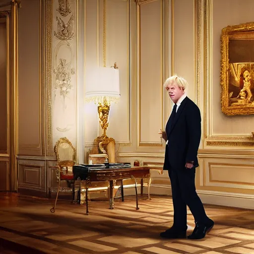Image similar to Boris Johnson with Queen of Englands body, realistic artstyle, wide shot, dramatic lighting, octane render, hyperrealistic, high quality, highly detailed, HD, beautiful, cinematic, 8k, unreal engine, facial accuracy, symmetrical