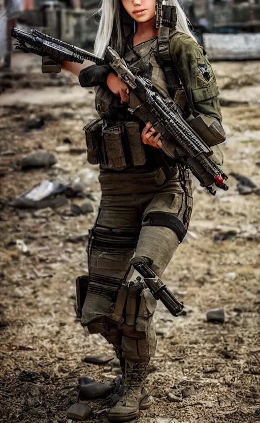 Image similar to an escalating violent firefight, highly detailed, high resolution, cosplay photo, stunning, girls frontline style, bokeh soft, 100mm, trending on instagram, by professional photographer, realistic human anatomy, real human faces, realistic military carrier, modern warfare, realistic weapon, shot with a arriflex 35 ii, low saturation, small human eyes, running pose, maid clothing