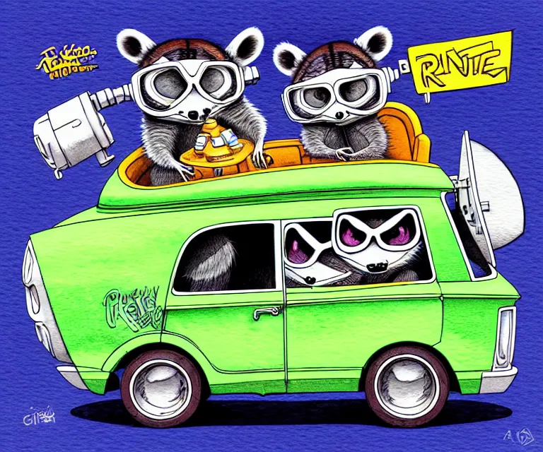 Image similar to cute and funny, racoon wearing goggles driving a tiny hot rod with an oversized engine, ratfink style by ed roth, centered award winning watercolor pen illustration, isometric illustration by chihiro iwasaki, edited by craola, tiny details by artgerm and watercolor girl, symmetrically isometrically centered