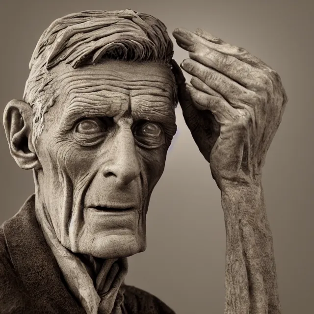 Image similar to photography of a sculpture of Samuel Beckett by Mahesh Nambiar and Michelangelo, made of clay, 50mm, studio atmosphere, 8K, rim light, octane render, ultra-realistic