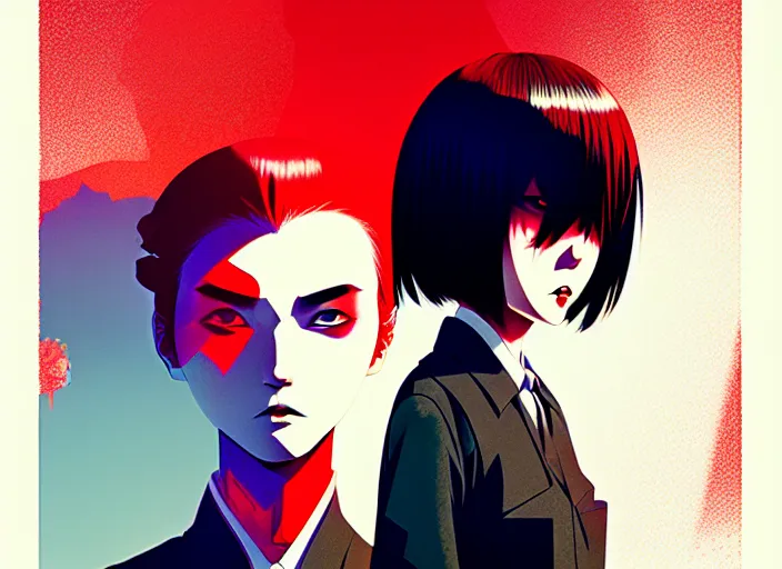 Image similar to editorial illustration by karolis strautniekas and mads berg, colorful, anime portrait vampire princess miyu, katsuhiro otomo, manga, ilya kuvshinov, fine texture, realistic shading, fine details, matte colors, film noir, dramatic lighting, dynamic composition, moody, vivid, volumetric