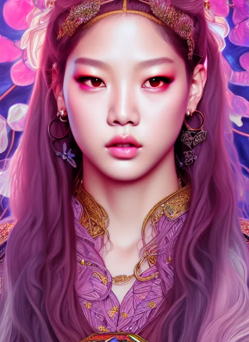 Image similar to jennie of blackpink, queen, tarot card, highly detailed, digital painting, smooth, sharp focus, illustration, ultra realistic, unreal engine, 8 k, art by artgerm and alphonse mucha