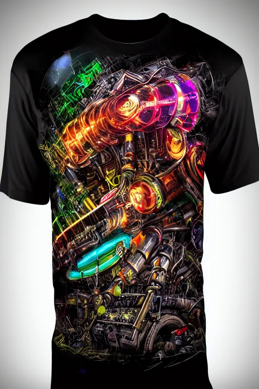 Prompt: a band shirt, printed tshirt with bandname is tripmachine, tourname is invasion of the tripmachines, realistic digital art, 3 d render of a huge futuristic steampunk generator, 8 k, fluorescent colors, halluzinogenic, multicolored, exaggerated detailed, unreal engine