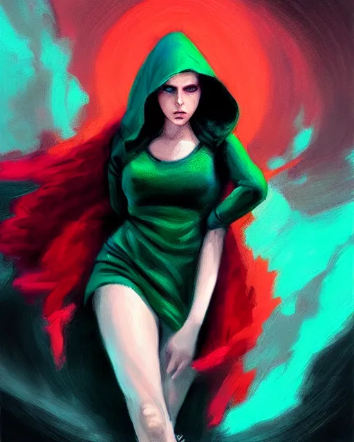 Image similar to Mandy Jurgens art, Irina French art, Rachel Walpole art, cinematics lighting, beautiful Anna Kendrick supervillain, green dress with a black hood, angry, symmetrical face, Symmetrical eyes, full body, flying in the air over city, night time, red mood in background