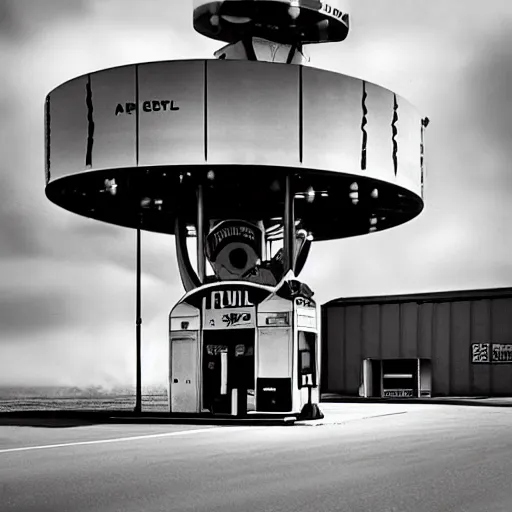 Image similar to a fuel station in the style of a 1 9 2 0 s sci - fi poster, reuben wu, roger deakins, h 1 0 2 4