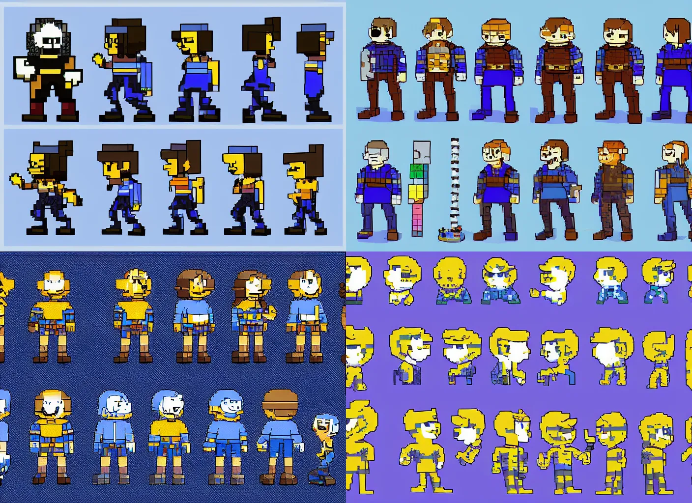 Prompt: character design sheet for the Undertale video game, pixel art, a male with wings wearing blue robes