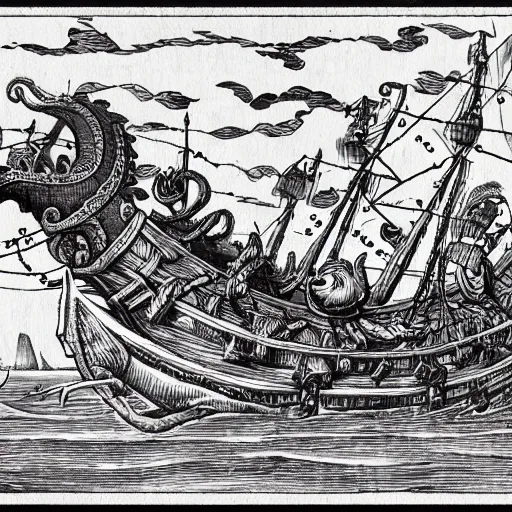 Image similar to kraken attacking a viking long ship in the middle of the ocean old european map