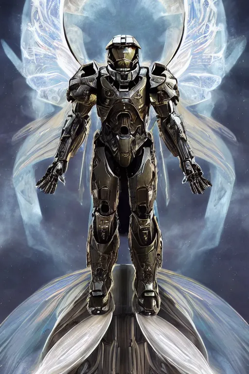 Image similar to portrait of master chief as a one winged angel with a halo behind her, catholic religious art, ornate fractal cloud, sacred, nebula, halo, strong, seductive, imposing, biomechanical, biblical, by moebius and greg rutkowski and artgerm, octane render, trending on artstation