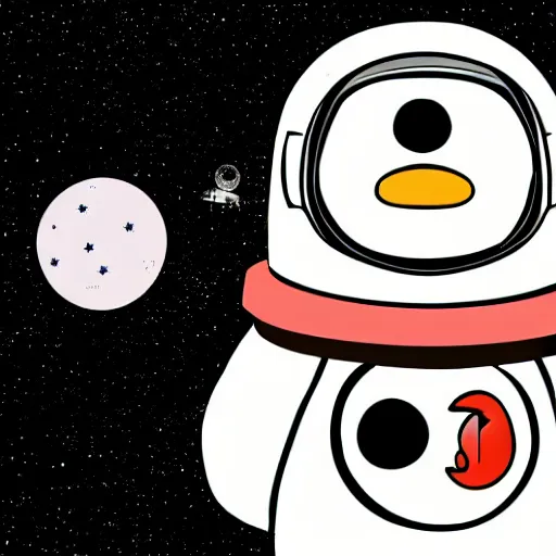 Image similar to cute astronaut penguin, helmet on, floating on space, disney style