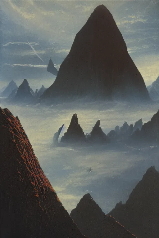 Prompt: emissary space by arthur haas and bruce pennington and john schoenherr, cinematic matte painting, 8 k, dark color palate, mountainscape