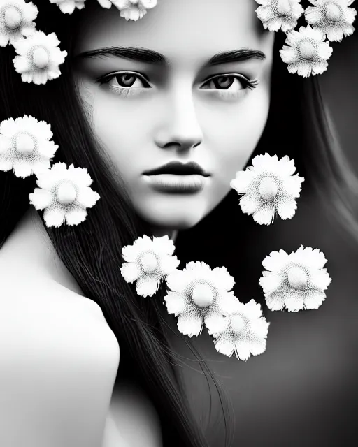 Image similar to black and white dreamy young beautiful female artificial intelligence, realistic flowers ornament in the face, long hair are intricate with highly detailed realistic flowers, cinematic, rim light, bokeh, photo - realistic, elegant, high detail, 8 k, masterpiece, photo taken in 1 9 3 0