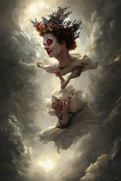 Prompt: art masterpice, comical clown faced queen elizabeth descending from the clouds, intricate, beautiful cinematic lighting, stunning painting by artgerm, caravaggio, android jones, wadim kashin