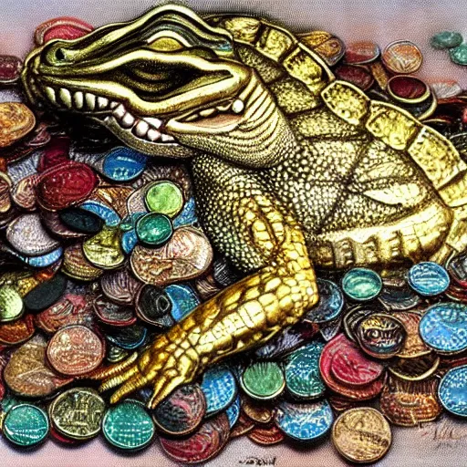 Prompt: gator sleeping on pile of coins and rubies, river, green, brown, blue, airbrush