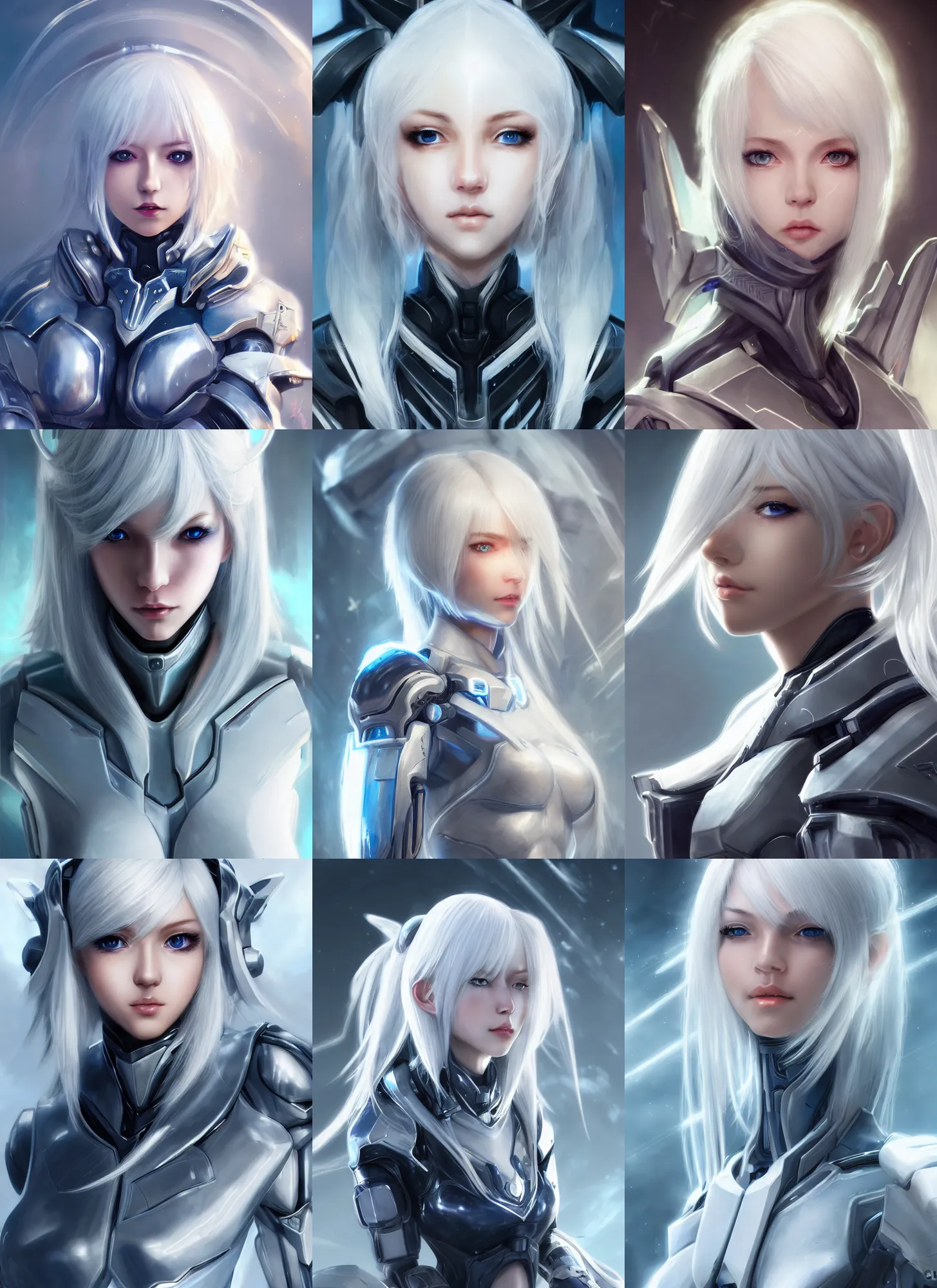 Image similar to detailed portrait of perfect white haired girl, android, warframe armor, beautiful, pretty face, blue cyborg eyes, innocent, scifi, 4 k, sun yunjoo, ultra realistic, aura of light, cinematic lighting, highly detailed, sharp focus, artstation, masterpiece, art by hyungjin yang and akihito tsukushi