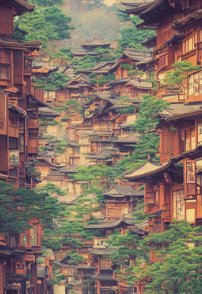 Image similar to a beautiful japanese city in the mountain, amazing ryokans and gorgeous edo era houses, fantastic non human character, epic cyberpunk, lofi vibe, colorful, vivide colors, amazing light, really beautiful nature, by jeremy lipkin, by claude monet, by makoto shinkai, kandinsky touches, inspired by ghibli, masterpiece, beautiful