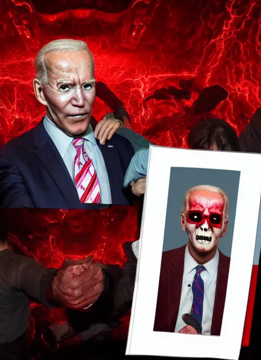 Image similar to hyper realistic terror photo Doom horror furious glowing red eyes biden