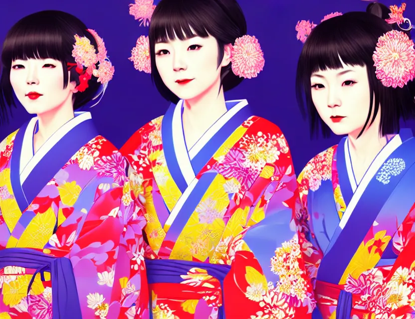 Image similar to two beautiful charming japan female superstar wear arty kimono in festival | | sunny night, festival,, realistic shaded, smile, good looking, hyper details, 4 k realistic, cryengine, realistic shaded lighting poster by ilya kuvshinov, fuji choko, ross tran, 8 k resolution, trending on artstation, luxury